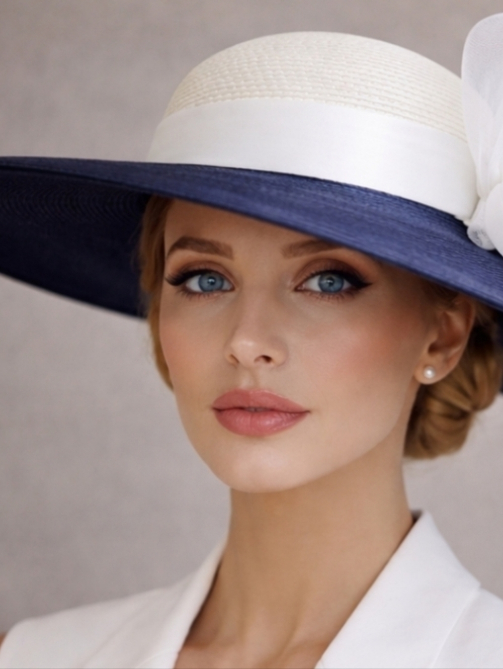 Navy & White Wide Brim Hat with Mesh Floral Accent | Elegant Derby